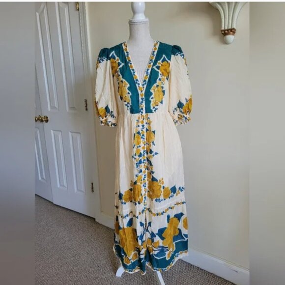 Farm Rio x Anthropologie Floral Print Midi Dress Button Front Yellow size M - Picture 4 of 9